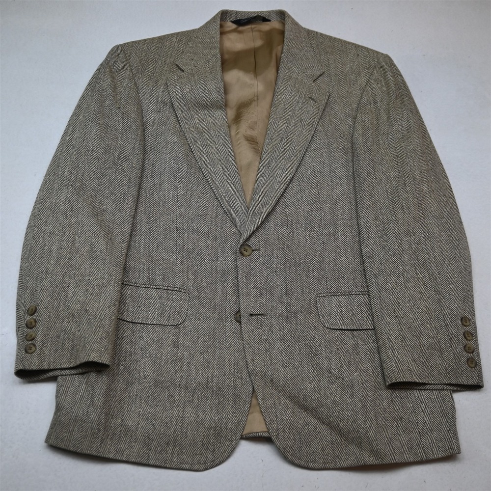 Vtg Lands End 40R Tan Brown Herringbone 100% Silk Tweed Soft Shoulder Blazer